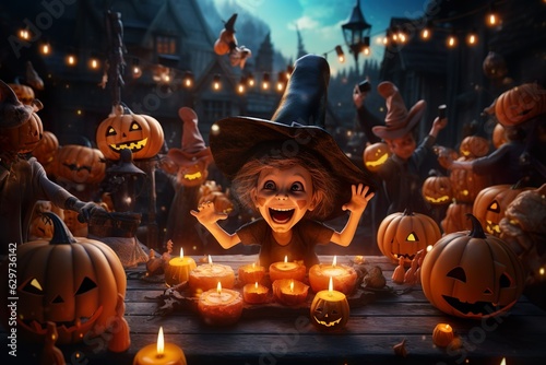  halloween scene horror background with creepy pumpkins of spooky halloween haunted mansion Evil houseat night with full moon |  Generative AI photo