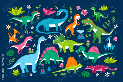 Childish poster with Jurassic reptiles. Cute flat dinosaur set. Illustrations prehistoric lizard for children. Cartoon characters dino isolated on blue background. Dinosaur era wildlife