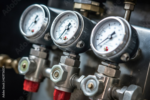 Close-up of an air compressor regulator with adjustable knobs and pressure relief valve photo