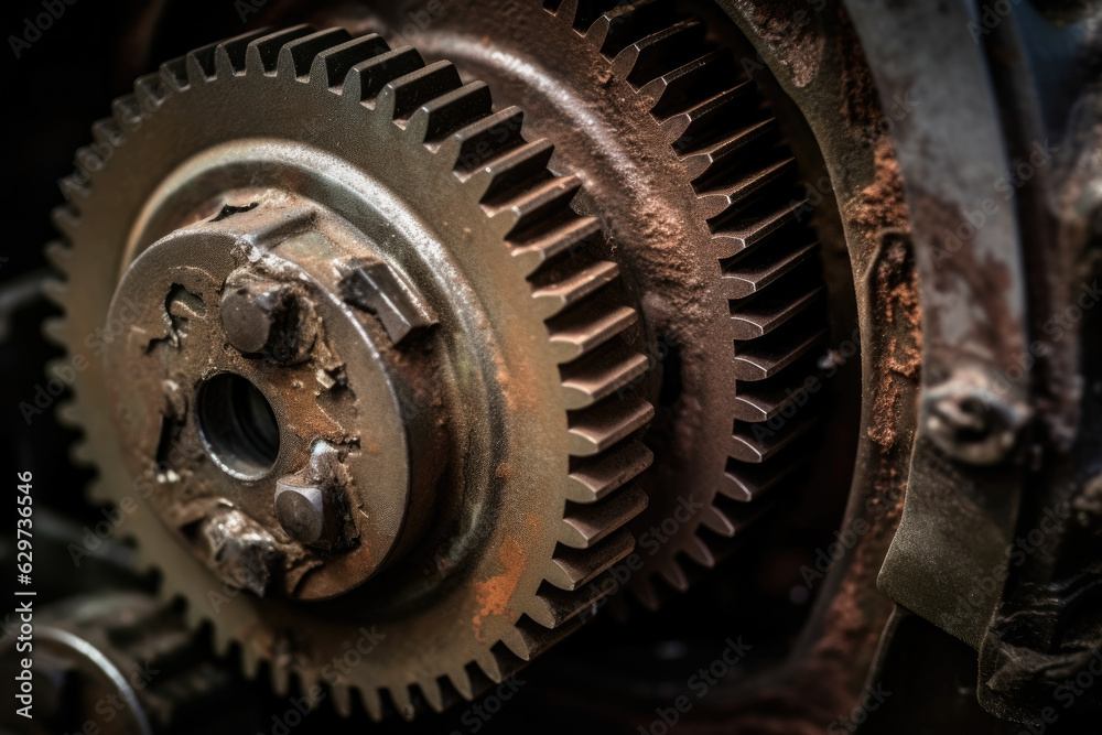 A macro shot of an old, worn gearbox, showcasing its battle scars and history