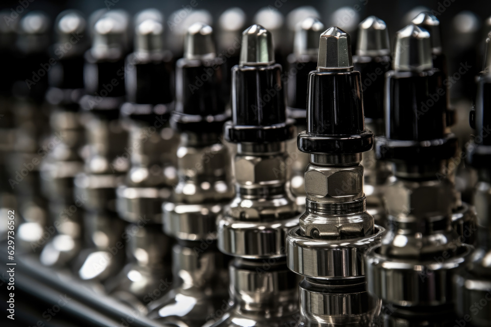 A macro shot of the intricate nozzles and valves of bottling equipment, highlighting the precision and attention to detail A macro shot of the intricate nozzles and valves of bottling equipment, highlighting the precision and attention to detail