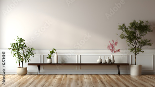 Minimalist beige wall with wood floor decorative plant on corner with drop shadow and light, Used for presentation business nature organic cosmetic products for sale shop online