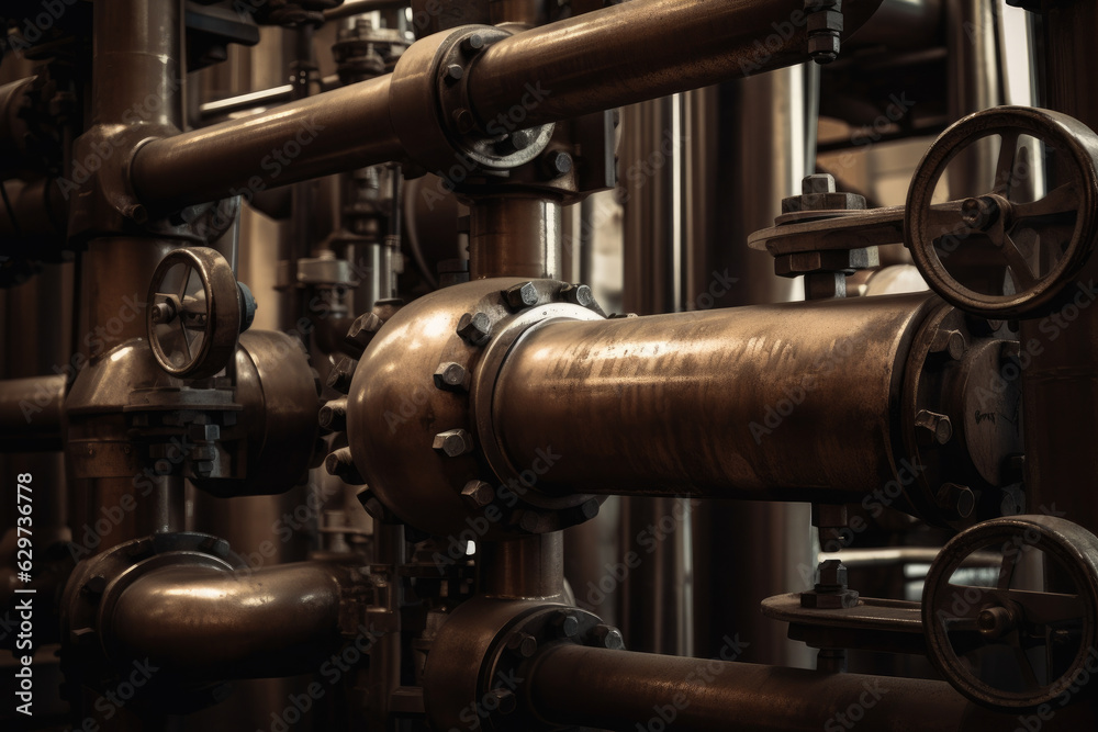 Artistic macro image of a distillation column's pipes and valves, emphasizing the beauty and complexity of industrial design