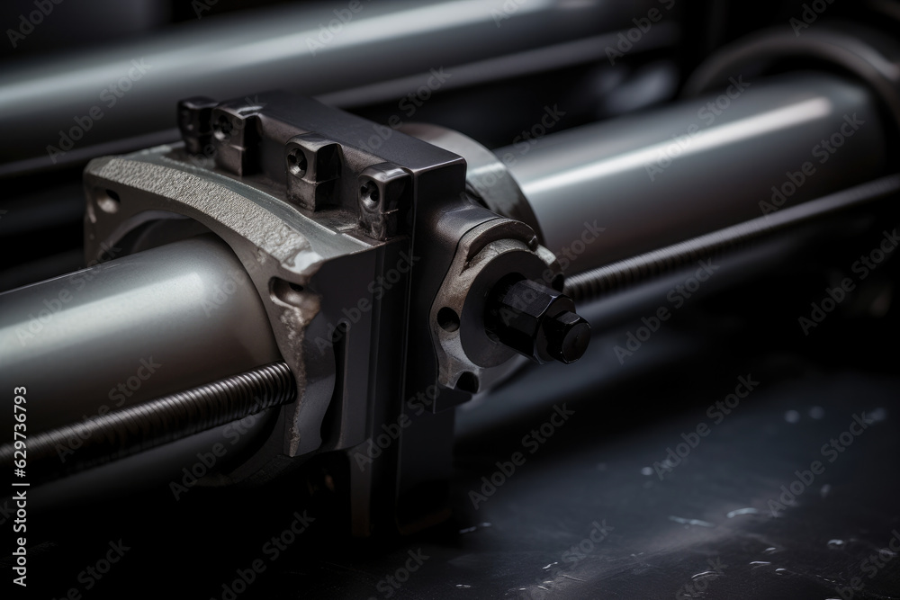 Artistic macro shot of a linear actuator, showcasing its metallic texture and industrial aesthetic