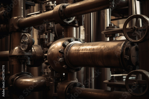 Artistic macro image of a distillation column's pipes and valves, emphasizing the beauty and complexity of industrial design