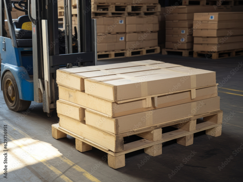 Close-up image of a pallet jack's fork lifting wooden pallet with stacked boxes in a busy warehouse Close-up image of a pallet jack's fork lifting wooden pallet with stacked boxes in a busy warehouse