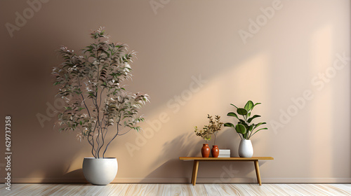 Minimalist beige wall with wood floor decorative plant on corner with drop shadow and light  Used for presentation business nature organic cosmetic products for sale shop online