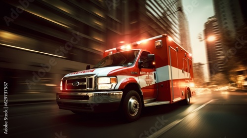Photographie a medical emergency ambulance car driving with red lights on through the city on a road in the day time