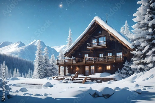 house on the mountain in the winter season on Christmas day © ZUBI CREATIONS
