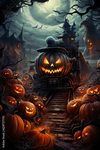  halloween scene horror background with creepy pumpkins of spooky halloween haunted mansion Evil houseat night with full moon |  Generative AI