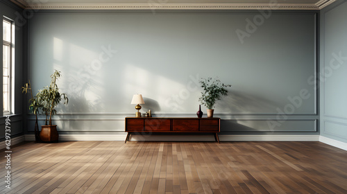 Fototapeta Naklejka Na Ścianę i Meble -  Empty vintage modern dark gray wall and wooden floor background. Classical empty room interior. The rooms have black table and flowers