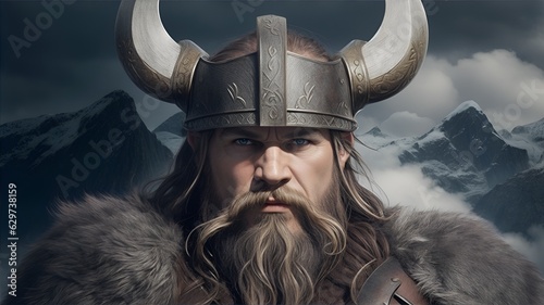 Powerful Viking Warrior with Nordic mountains background - Realistic portrait illustration
 photo
