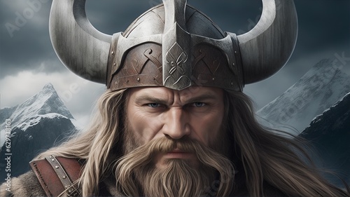 Angry Viking Warrior with Nordic mountains background - Realistic portrait illustration photo