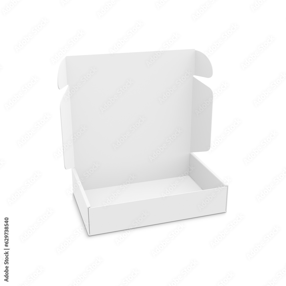 White open box mockup blank packaging boxes, product package isolated in a white background White open box mockup blank packaging boxes, product package isolated in a white background
