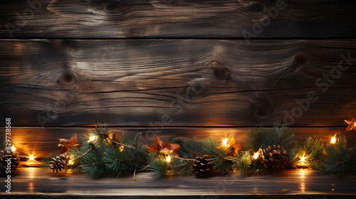Christmas rustic background with wooden planks. Christmas decoration on old grunge wooden board