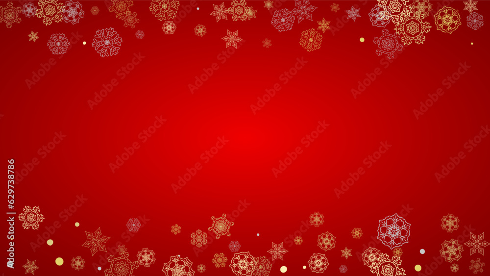 Christmas snow on red background. Glitter frame for winter banners, gift coupon, voucher, ads, party event. Santa Claus colors with golden Christmas snow. Horizontal falling snowflakes for holiday Christmas snow on red background. Glitter frame for winter banners, gift coupon, voucher, ads, party event. Santa Claus colors with golden Christmas snow. Horizontal falling snowflakes for holiday
