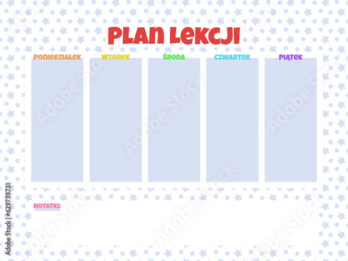 Plan lekcji dla dzieci z kolorowymi tęczowymi literami i gwiazdkami. Planer w języku polskim.