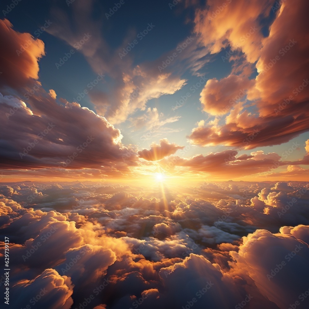 Background of clouds above the sky with the reflection of the sunset sun, great for business, website, backdrop, blog, design etc. Ai generative concept