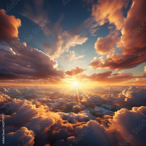 Background of clouds above the sky with the reflection of the sunset sun, great for business, website, backdrop, blog, design etc. Ai generative concept