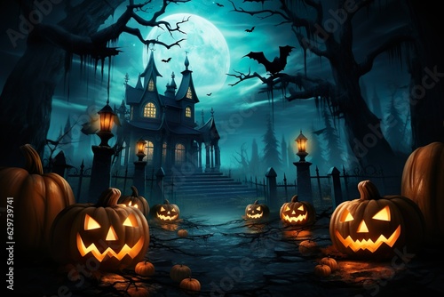  halloween scene horror background with creepy pumpkins of spooky halloween haunted mansion Evil houseat night with full moon |  Generative AI
