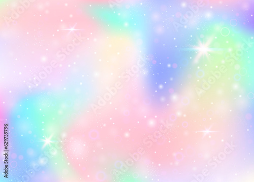 Holographic background with rainbow mesh. Mystical universe banner in princess colors. Fantasy gradient backdrop with hologram. Holographic unicorn background with fairy sparkles, stars and blurs. © Holo Art