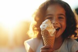 a beautiful cute young american baby kid child girl model woman holding and eating a gelato ice cream in a cone outside in a city on a sunny summer day. blurred background. Generative AI
