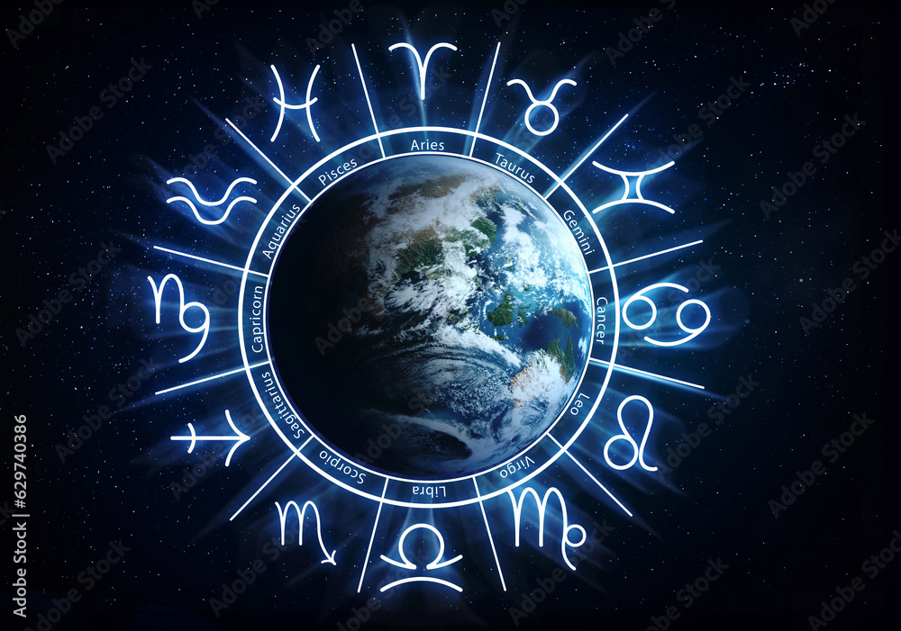 Obraz premium Zodiac wheel with astrological signs around Earth in open space, illustration