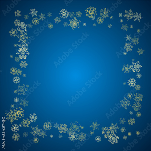 New Year snow on blue background. Gold glitter snowflakes. Christmas and New Year snow falling backdrop. For season sales  special offers  banners  cards  party invites  flyers. Frosty winter on blue.
