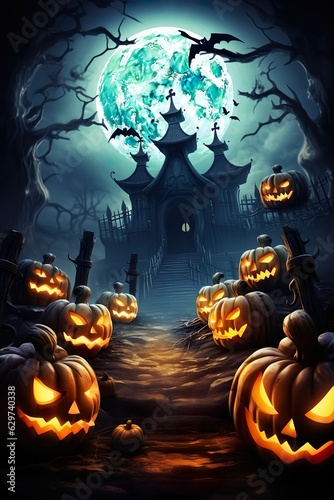  halloween scene horror background with creepy pumpkins of spooky halloween haunted mansion Evil houseat night with full moon |  Generative AI