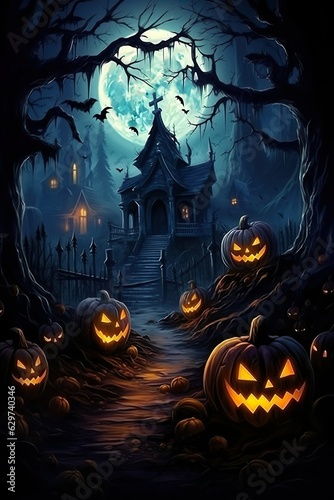  halloween scene horror background with creepy pumpkins of spooky halloween haunted mansion Evil houseat night with full moon |  Generative AI