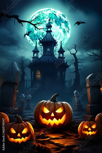  halloween scene horror background with creepy pumpkins of spooky halloween haunted mansion Evil houseat night with full moon |  Generative AI photo