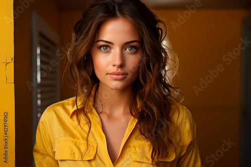 Portrait of beautiful young woman. yellow background.