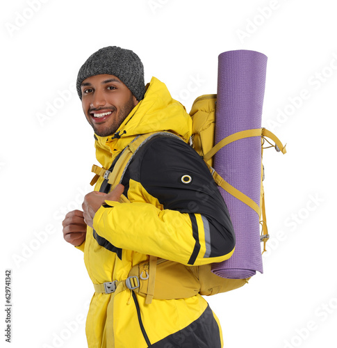 Happy tourist with backpack on white background