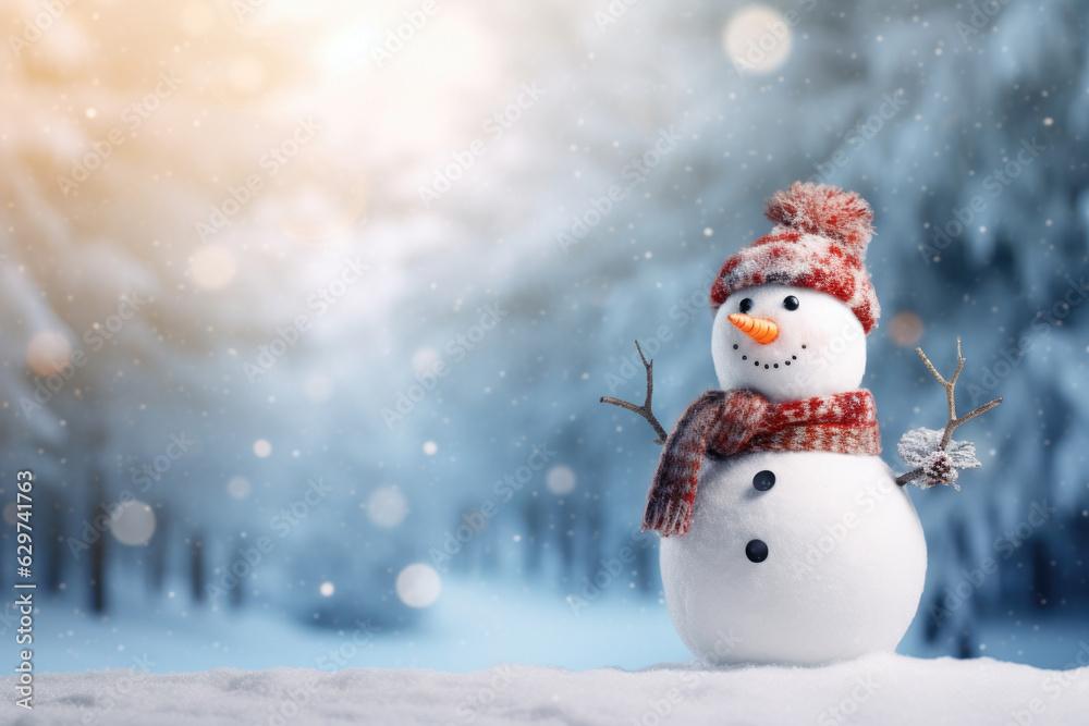 Winter blurred background with snowman, Merry christmas and happy new year greeting card with copy-space Generative AI