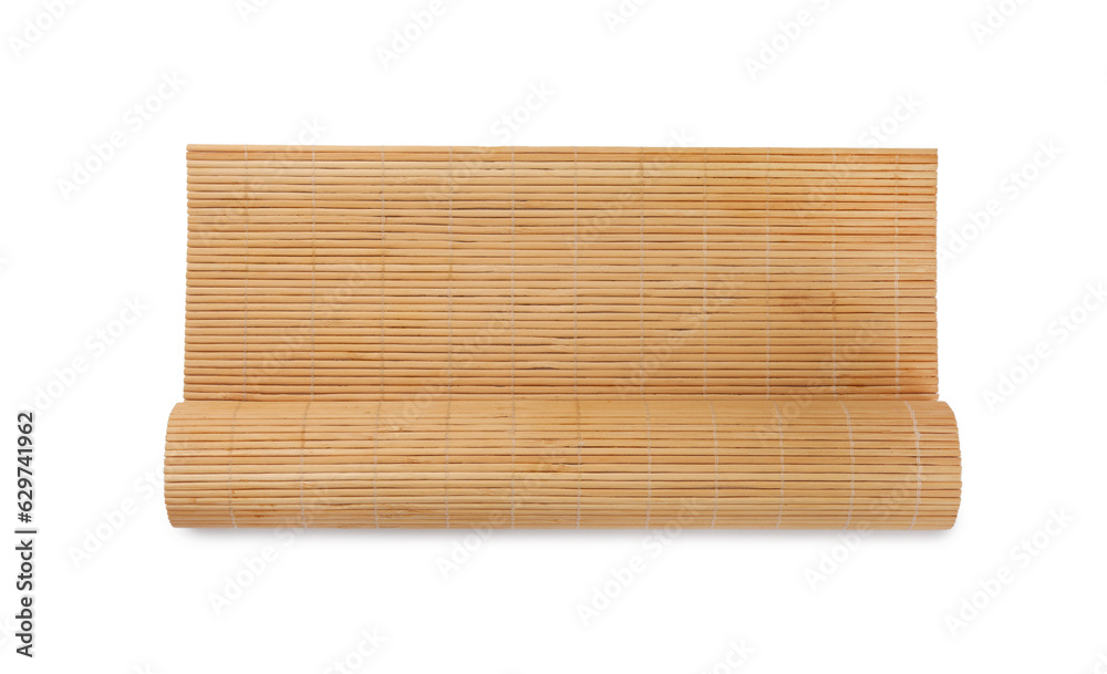 Rolled bamboo mat isolated on white, top view