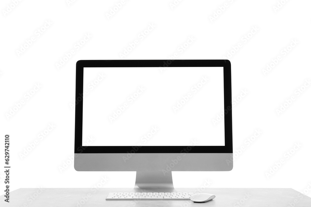 New computer with blank monitor screen, keyboard and mouse on white background New computer with blank monitor screen, keyboard and mouse on white background