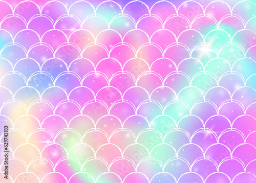 Rainbow scales background with kawaii mermaid princess pattern.