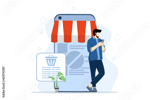 order cancellation concept, Order rejected, order closed with small people. man holding cell phone for placing orders, digital shopping, distribution of online purchases. flat vector illustration.