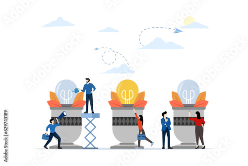 people plant idea lamp plant on pot, a metaphor for creative idea. business concept analysis. graphic design ideas of project activities. flat vector illustration on a white background.