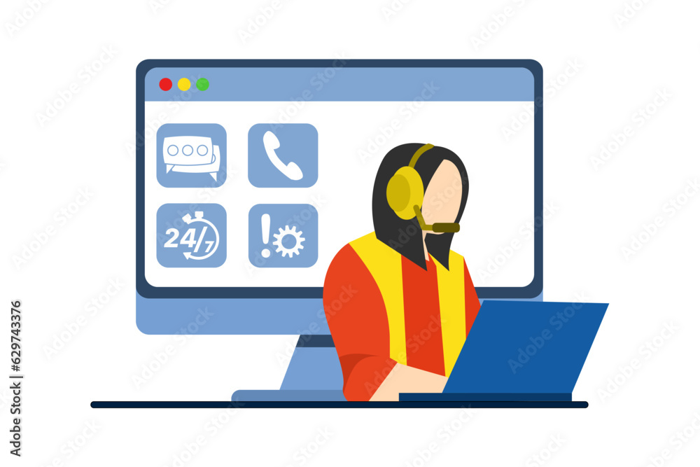 Concept of hotline worker, online assistant, telemarketer, customer attraction. Consultant with headset helping customer. customer support. Vector illustration in flat shape for UI, web banner, app. Concept of hotline worker, online assistant, telemarketer, customer attraction. Consultant with headset helping customer. customer support. Vector illustration in flat shape for UI, web banner, app.