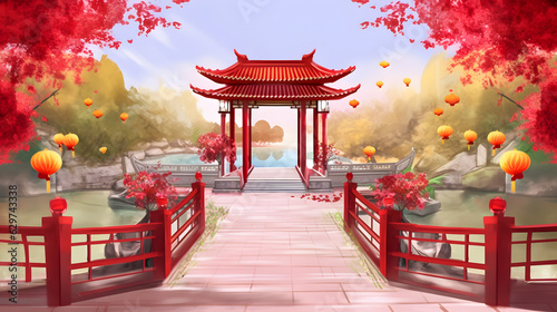  wedding arc and romantic vibe scene chinese new year lanterns  red lanterns in the temple photo