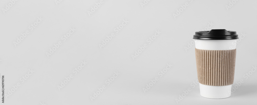 To-go drink. Paper coffee cup on white background, space for text. Banner design To-go drink. Paper coffee cup on white background, space for text. Banner design