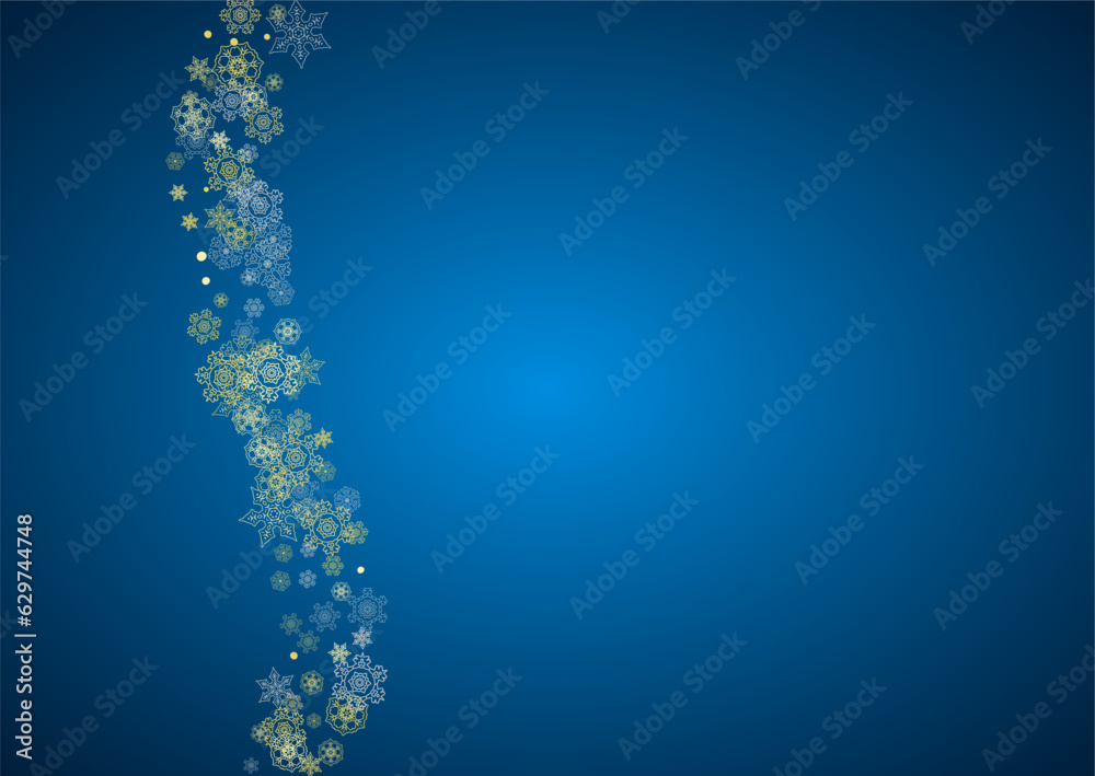 New Year frame with gold snowflakes on blue background. Horizontal Christmas and New Year frame for gift certificate, ads, banner, flyer, sales offers, event invitations. Glitter snow with sparkle