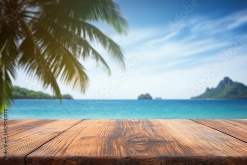 Wood table top on blur seascape and island background - can be used for display or montage your products | Generative AI