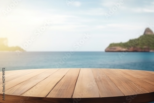 Wood table top on blur seascape and island background - can be used for display or montage your products   Generative AI