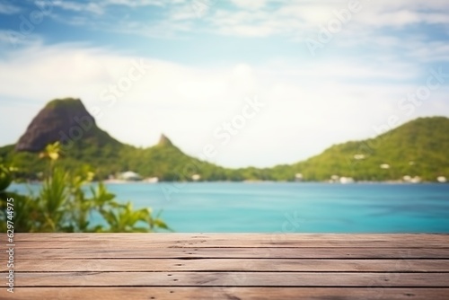 Wood table top on blur seascape and island background - can be used for display or montage your products | Generative AI © Kay