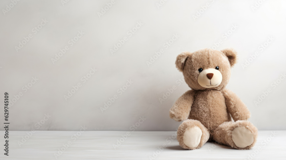 Beige bear peluche pale gray background with copy space