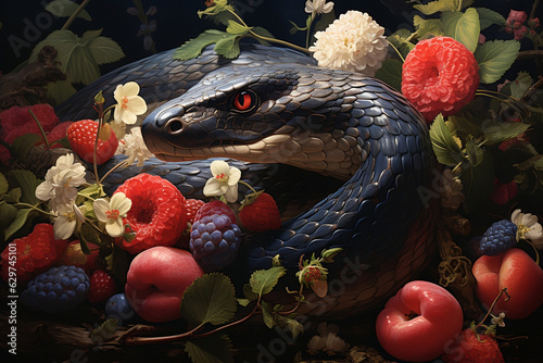 Serpent Charm, Whimsical Illustration of a Snake with Apple and Flowers