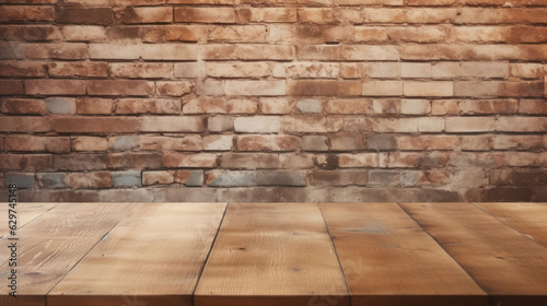 Empty wooden tabletop and beige brick wall background