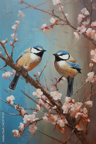 Birds feeding on flowers painting, in the style of photorealistic paintings